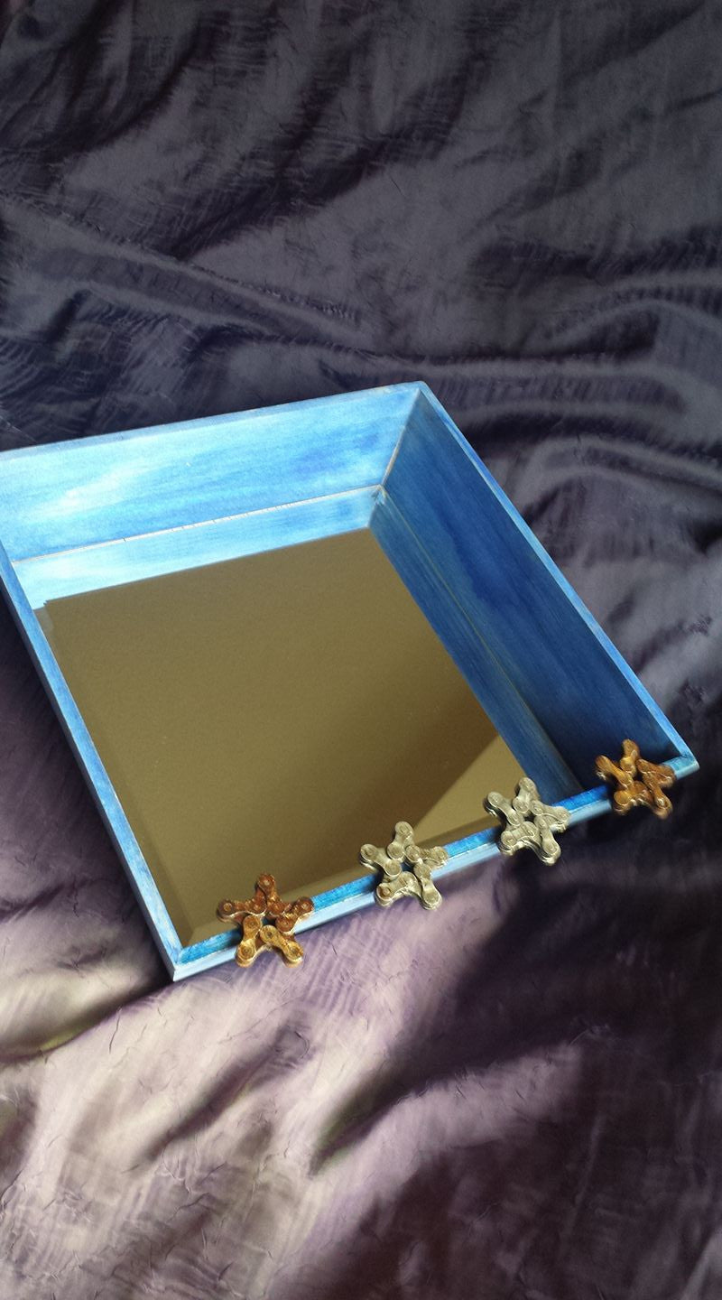 (SOLD) Re:Cycled Serving Tray - Blue with Mirror and Chain Star Hangers